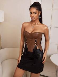 时尚性感PU露脐女式上衣 - 棕色 - 查看 5