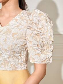 1pc Jacquard Patchwork Elegant Jacquard Puff Sleeve Midi Dress, Elegant Attire For Filipiniana, Holidays, Weddings, Vacations, Birthdays, Dates, Spring/Summer, Champagne Color - Champagne - View 5