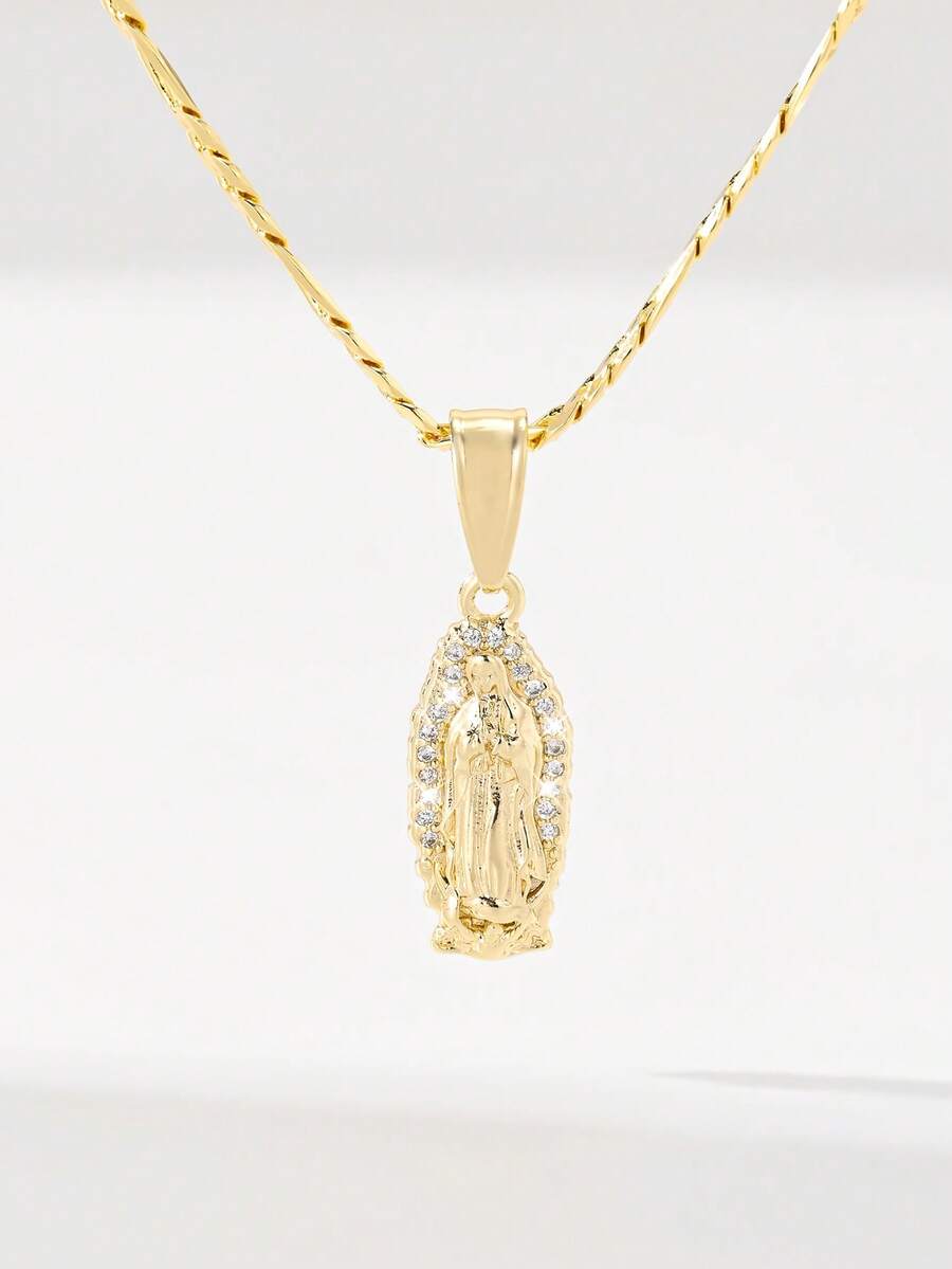 1件经典欧式铜镶嵌锆石圣母瓜达卢佩吊坠项链，限量版，适合作为圣诞节/感恩节/万圣节/母亲节/情人节礼物送给情侣/朋友/教父母，也适合天主教初领圣体、日常及节日佩戴祈祷。 - 金黃色 - 查看 1