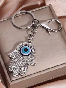 1 pieza Llavero de metal con dije de ojo azul de cristal y palma, estilo callejero hip hop, accesorio creativo para bolso, regalo unisex para todas las estaciones - Plateado - Ver 3