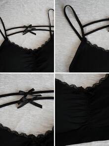 Sexy Lace Camisole With Bowknot, Women Summer Padded Bustier Crop Top Vest - Black - View 8