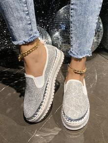 Plus Size Casual Loafers For Women, 2026 Spring New Low Vamp Rhinestone Thick Sole Fashion Shoes - White - View 3