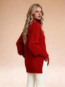 Women's Mock Neck Chunky Knit Sweater, Oversized Textured Multi-Color Pullover, Cozy & Stylish Spring Essential, Elegant Side Split Long Sleeve Jumper, Casual Spring Knit Top, Transitional Layer Piece, Perfect For New Year & Valentine's Day - 紅色(升級款) - 查看 4