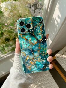 Compatible With IPhone11/12/15/14/13/16/17Pro/17Pro Max / S26 S25 S24 S23 A57 A37/Compatible With Redmi/Compatible With OPPO/Compatible With Realme/Compatible With Infinix Series, 1pc Fashionable Raindrop & Blue Butterfly Pattern Full Camera Protection Anti-Fingerprint Shock-Proof Phone Case, Blue Matte TPU - light cyan - View 4