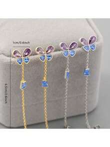 1 par de pendientes de mariposa con borlas de cristal azul y morado de plata de ley 925, diseño único de ganchos para la oreja - pendiente único - Ver 2