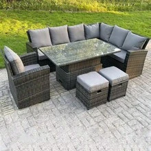Fimous High Back Rattan Garden Furniture Corner Sofa Sets Adjustable Rising Table Dark Mixed Grey 9 Seater Right Corner 2 Color Option Dark Grey Light Grey - Right-hand Corner Set - View 9
