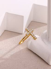 1pc Copper Cross Zirconia Ring, Closed Band, Unique Hip-Hop Jewelry For Women - JZ8489G - View 4