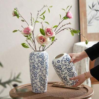 1个新款青花瓷花瓶，经典中式室内装饰，适合客厅插花、门厅装饰，复古向日葵花瓶，玻璃花瓶装饰