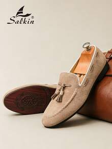 Salkin 复古设计师男士套脚乐福鞋，流苏绒面软皮鞋，绅士平价奢华之选，现代生活之选。简约商务正装鞋，男士日常办公派对婚礼鞋，情侣约会、浪漫晚餐、节日礼物、返校学生鞋，学院风，建议选择大一码。 - 米色 - 查看 7