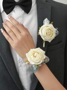 1/2 bó hoa cài áo và vòng tay hoa hồng & hoa baby's breath thanh lịch, thích hợp cho chú rể, cô dâu, phù rể, phù dâu, đám cưới, lễ đính hôn, tiệc chiêu đãi, kỷ niệm, tiệc tùng. - trắng - Xem 6