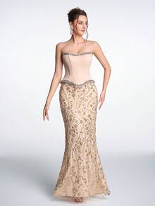 Anymoon 女士优雅水钻亮片花卉图案露背抹胸晚礼服 - 香檳色 - 查看 4