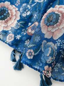 1 pieza Elegante bufanda/pañuelo de mujer de color azul con patrón floral de moda, liviana con flecos, adecuada para citas, uso diario, fiestas, viajes y salidas - Multicolor - Ver 4