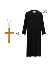 成人男士牧师服装套装，包括牧师长袍（白色）和十字架，适合化装舞会和活动装饰。 - 彩色 - 查看 15