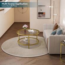 Mesa de centro redonda de vidrio de 2 niveles con estante de almacenamiento para espacio grande o pequeño, mesa central moderna simple con marco dorado para sala de estar, oficina en casa, - Mesa de centro de dos niveles-negro - Ver 3