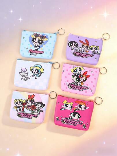 Warner Bros 可爱Y2K美学飞天小女警卡通印花PU零钱包套装（6款可爱图案） - 耐用轻巧的迷你拉链钱包，配有结实的金属钥匙扣和便携式卡包，非常适合日常出行、返校季、休闲聚会、旅行必备、派对礼品和生日礼物。