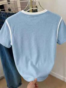 女士夏季双色圆领短袖简约休闲日常T恤上衣，可爱女士夏季上衣 - 藍色 - 查看 2