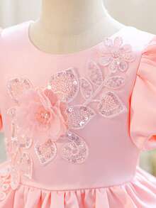 Girls Princess Dress, 3D Embroidered Petal Sleeve Dress, Flower Girl Wedding Party Dress, Baby Pink Birthday Evening Gown, Satin Knee-Length Dress - Pink - View 6