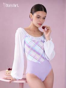 DonsGirl 1pc Women's Elegant Ballet Leotard - Classic V-Neck Patchwork Design Velvet Ballet Dance Costume, Holiday Party Gift - Mauve Purple - View 7