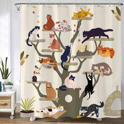 1pc Cute Cat Shower Curtain, Modern High-End Cat Climbing Tree Printed Shower Curtain, Very Suitable For Bathroom Decoration, Universal Room Decoration, Home Decoration Set, Bathroom Accessories Bathtub Curtain