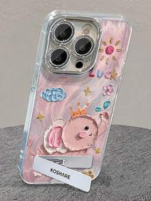 1pc Glitter Coated Elephant Painted Phone Case With 3D Metal Stand, Compatible With IPhone 11/12/13/14/15/16/17/Pro Max - Pink - View 2