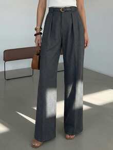 Quần ống rộng thanh lịch dành cho nữ, màu xám đậm, có thắt lưng, thích hợp cho việc đi làm và mặc hàng ngày, mùa xuân/hè. - Màu xám đen - Xem 3