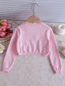 Girls Casual Knit Embroidered Hollow Long Sleeve Short Cardigan, Lightweight Sheer Bolero Jacket - Pink - View 2