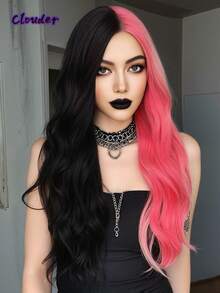 clouder 哥特朋克黑粉双色长款波浪卷假发，26英寸中分刘海，耐热合成纤维假发，女士哑光质感卷发，适合日常角色扮演、节日派对、音乐节、Y2K街头风、前卫学院风、现代时尚朋克造型。 - 拼色 - 查看 3