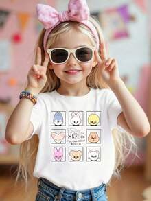 Youth Girl's Cartoon Animal SKZOO Pattern Cotton Round Neck T-Shirt, Kids T-Shirt Durable Stray Away Youngsters Rock Star Album Merch T-Shirt, White Casual Tee With Cute Animal Faces, K-Pop Concert, K-Pop Unisex T-Shirt, Regular Length, Fan Made Shirt, K-Pop Concert, Perfect For Concerts & Holidays,  Stray Away Style Kids Shirt. - 白色 - 查看 2