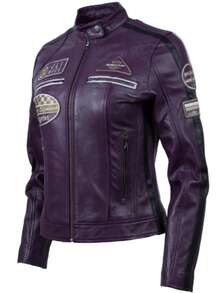 AVIATRIX Women's Real Leather Biker Jacket Purple QOOC - Purple - View 2