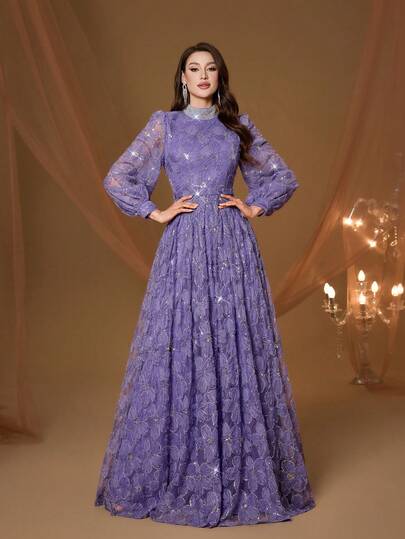 3D Floral Embroidered Pearl Collar Lantern Sleeve Elegant High Neck Illusion Prom Dress, Suitable For Balls, Weddings, Parties, Wedding Guests, Evening Gowns