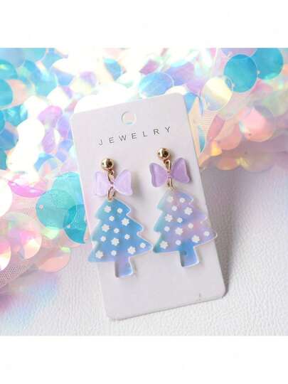 Tree Acrylic Pendant Earrings With Purple Bow, Cute Holiday Drop Earrings, Stainless Steel Ear Studs, Her - Winter Vacation Style, No Plating, Season Accessories