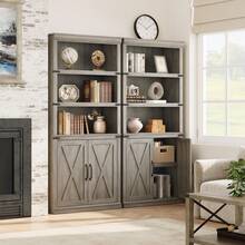 Librería compacta estilo granja de 5 niveles HarmoHaby: estantería vintage de madera con estantes y puertas abiertas, ideal para sala de estar, dormitorio, apartamento o oficina. - puerta de madera - Ver 3