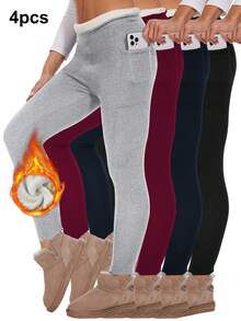 4 Pcs Women's Fleece Lined Leggings Women - Thick Soft High Waisted Black Tummy Control Thermal Warm Velvet Pants For Cold Winter - black+navy+burgundy+grey - 查看 8