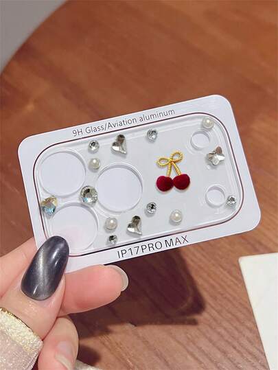 Luxury Cute Chic 3D Cherry Bling Rhinestone Butterfly Heart Clear Anti-Drop Glass Camera Film Protector Compatible With IPhone 17 ProMax 17Pro Fashion Lovely Lens Protector Film Gift For Girl