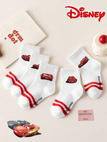 Disney 5双装儿童提花中筒袜，汽车图案，运动黑白双条纹，可爱独特的卡通设计，时尚休闲舒适透气，红色双条纹学生袜，适合日常穿着、返校和节日礼物，袜子 - 彩色 - 查看 2