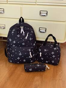 3pcs Fashionable Collegiate Bow Print Backpack Set, Including Backpack, Lunch Bag And Pencil Case, With Laptop Compartment, Adjustable Straps, Multi-Pocket Large Capacity Student Backpack Set, Suitable For Girls/Teens/College Students/Graduates For Daily Use/Vacation/Travel/Back To School - Multicolor - View 15