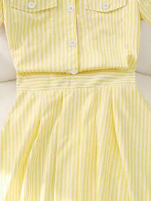 2 pezzi/Set Stile accademico fresco per ragazze, Outfit estivo, Camicia a righe gialla e bianca elegante e artistica + Gonna a vita slim per ragazze, Adatto per 8-12 anni, all'aperto, Casual, festa, Regalo per vacanze, Regalo di compleanno - Giallo - Visualizzare 6