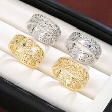 1pc Hollow Leaf Shaped Design Cubic Zirconia Inlaid Women Fashion Ring - Multicolor - View 3