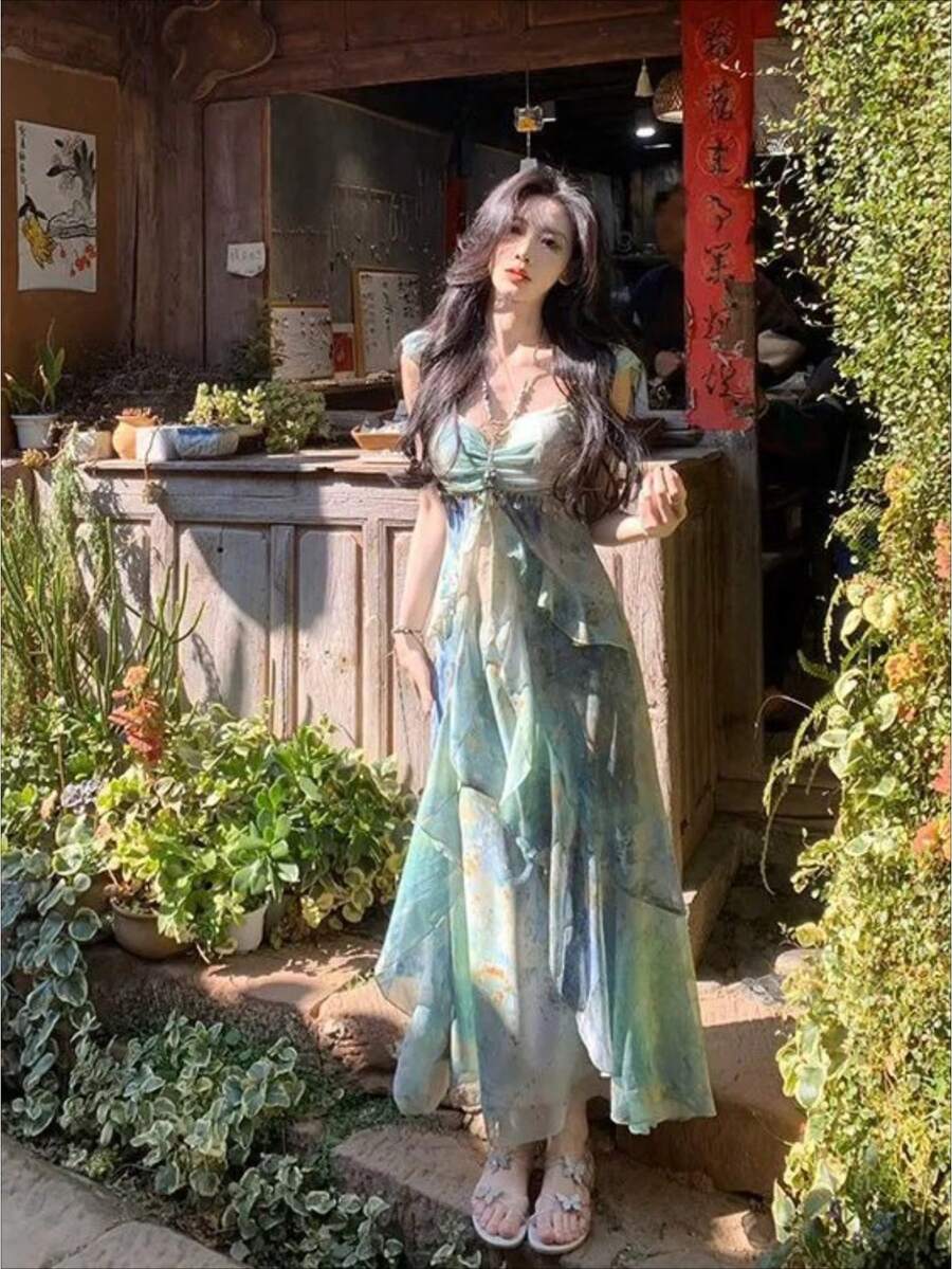 Seaside Holiday Wind Printing Light Green Smudge Gradual Change Printing V-Neck Waist Big Swing Chiffon Dress, Mori Fairy Wind, Seaside Photo Dress - 彩色 - 查看 1