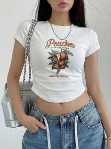 女士蜜桃印花常规肩部T恤，修身高腰短袖上衣，欧美风，夏季 - 白色 - 查看 2