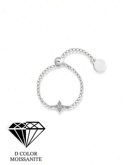 EleRunis 1PC 0.1ct 925 Sterling Silver Classic Moissanite Four Leaf Clover Diamond Chain Engagement Ring 18K Gold Plated Promise Wedding Ring For Women Mom Dad Daughter Loved Mother's Day Jewelry Gifts