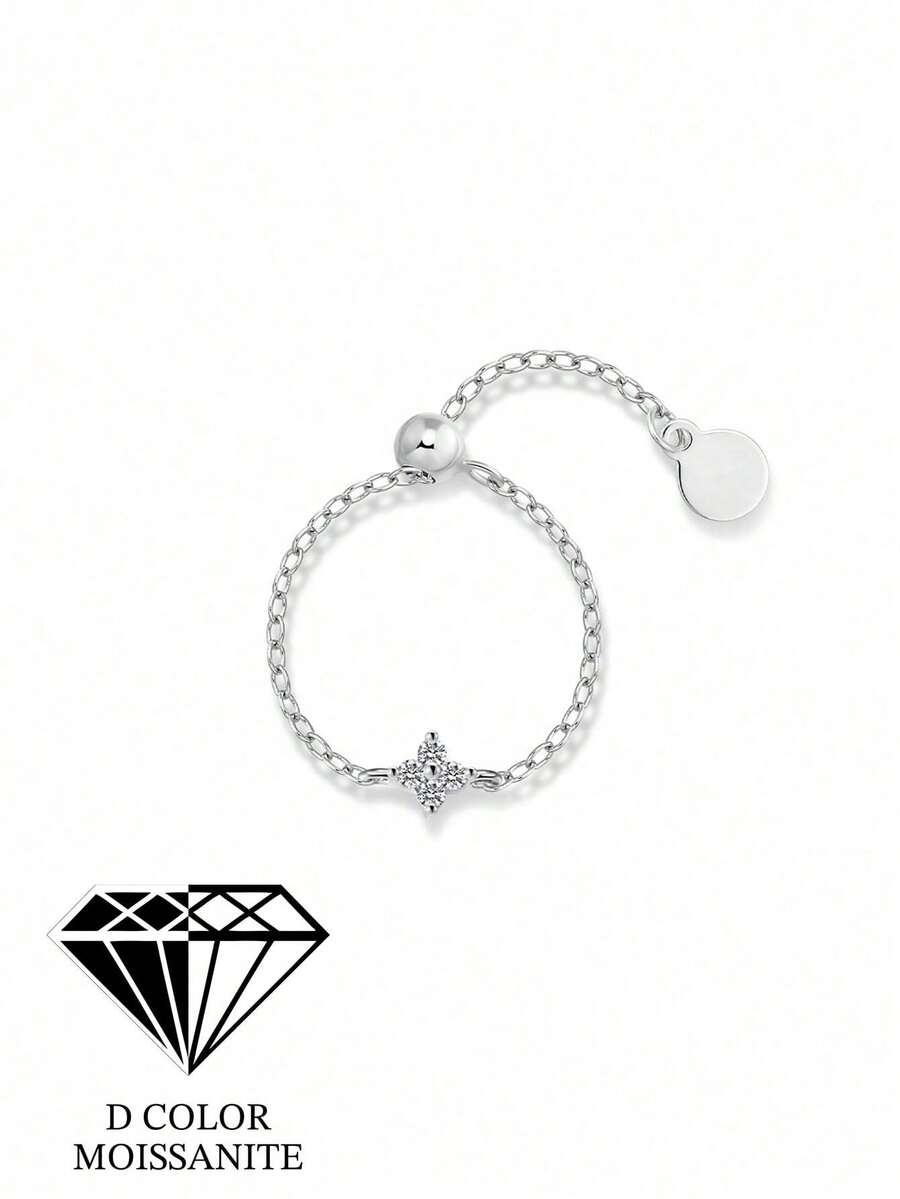 EleRunis 1PC 0.1ct 925 Sterling Silver Classic Moissanite Four Leaf Clover Diamond Chain Engagement Ring 18K Gold Plated Promise Wedding Ring For Women Mom Dad Daughter Loved Mother's Day Jewelry Gifts - Silver - View 1