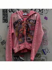 Men's American Street Style Large Diamond With Three-Dimensional Printed Zipper Design Men's And Women's Loose Street  Hooded Sweatshirt - 粉紅色 - 查看 2