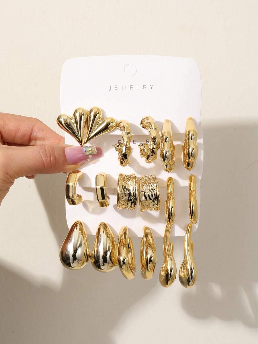 1-9 Pairs Of Retro Luxury Gold C-Shaped Heart Cluster Earrings, Made Of High-Quality Plastic, Suitable For Daily Commuting, Versatile Styling, And Wearing At Gatherings. - Gold - View 1