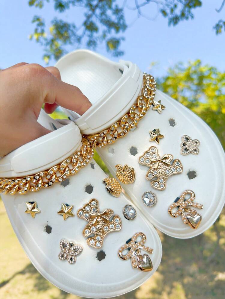 16pcs Shoe Decor Set, Including Bowknot, Apple, Heart, Star, Sequin Chain, Handmade Vintage Pearl Flower, Sequin Shoe Accessories, Great Gift - Gold - View 4