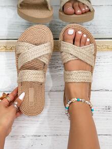 女士休闲波西米亚风交叉绑带厚底舒适一脚蹬沙滩凉鞋 - 卡其色 - 查看 11