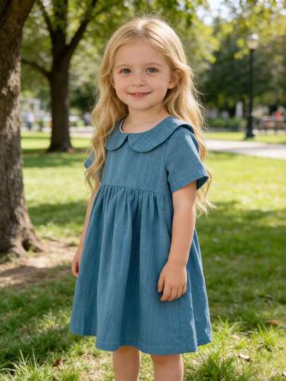Sweet Peter Pan Collar Summer Princess Girls Solid Color Dress