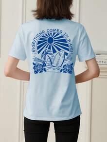 Women's Summer New Simple Tree Beach Print Leisure Vacation Style Loose Versatile Round Neck Blue Short-Sleeved T-Shirt Fashionable Daily Tops Suitable For Daily Vacation Wear - Baby Blue - View 2