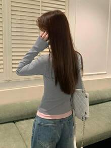 Women's 2 In 1 Contrast Color Fitted Half-Collar Long Sleeve T-Shirt - Grey - View 10