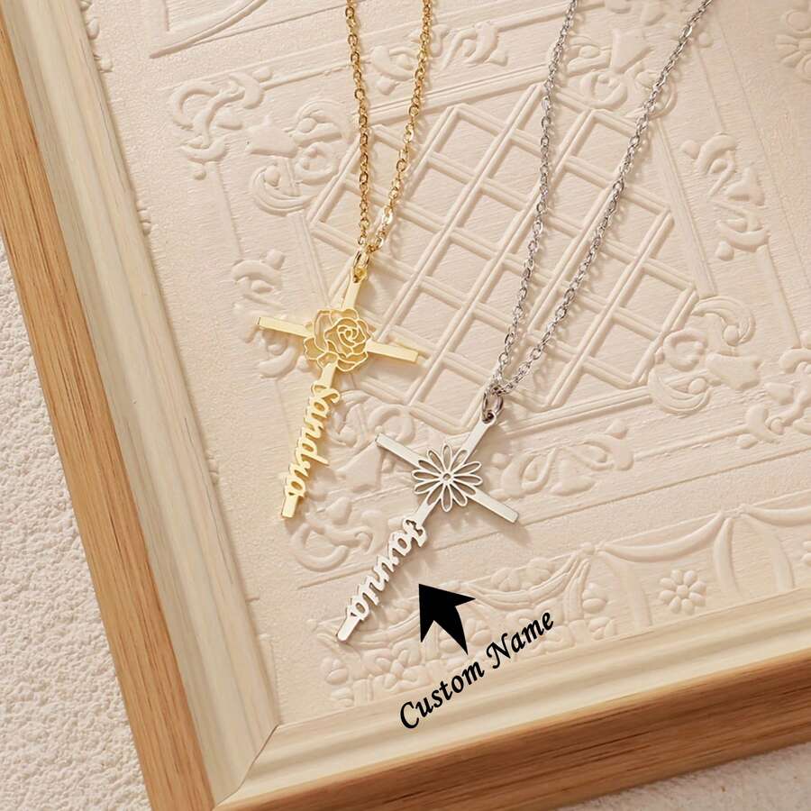 1pc Women's Fashion Pendant Name Necklace - Personalized Cross + Birthday Flower Design, Customizable English Name And Birth Flower, 304L Stainless Steel Jewelry, A Must-Have For Casual Wear, A Unique Gift For Her - Multicolor - View 1